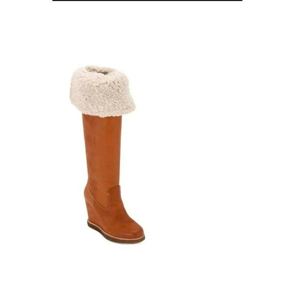 Dolce Vita Cognac Brown Fur Trim Perly Wedge Leather Boot Size 7.5 - Picture 1 of 8